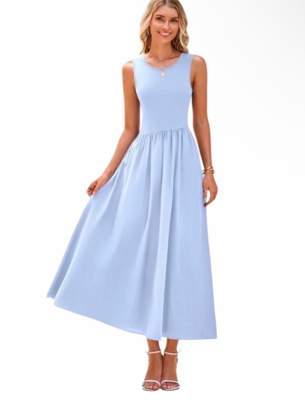 PrettyGarden Light Blue Midi Dress with a Flowy Skirt NWT